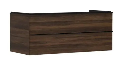 Waschtischunterschrank von Hansgrohe in dunklem Nussbaum mit zwei Schubkästen. Die Front zeigt eine Holzmaserung und eine klare Formensprache.